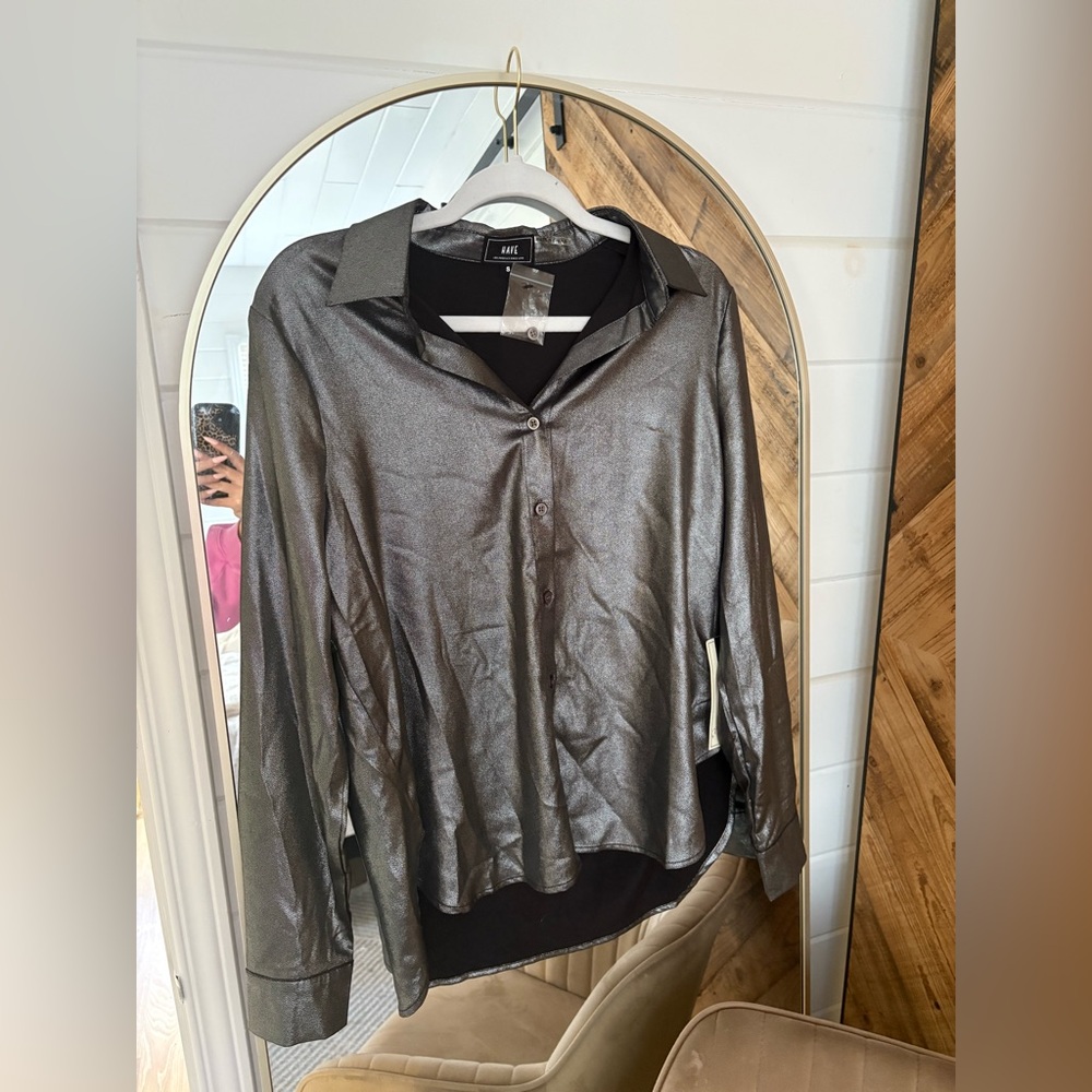 Brand New Tags Metallic Silver Button-Up Top